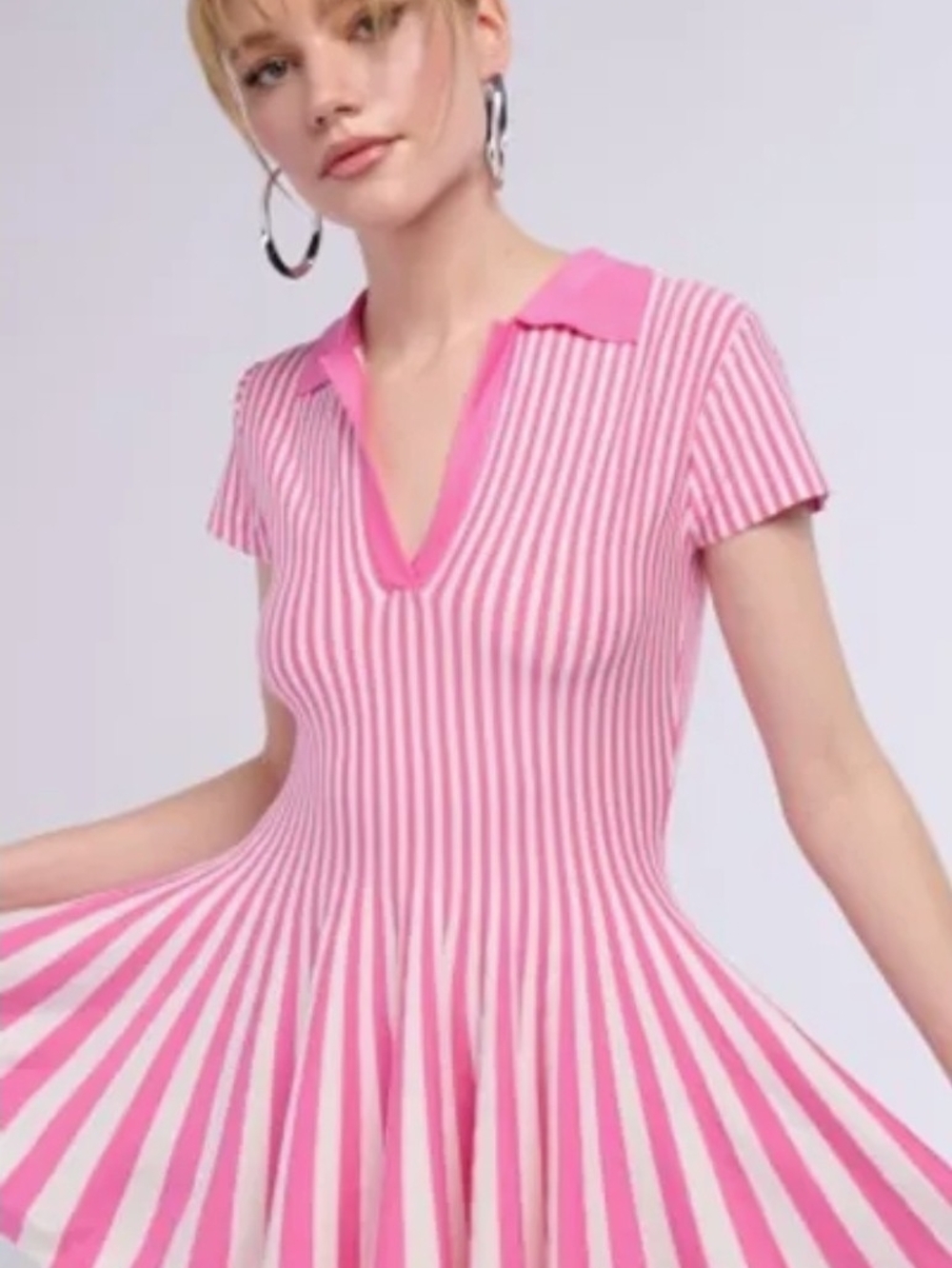 AKIRA Pink and White Striped Fit-and-Flare Mini Dress